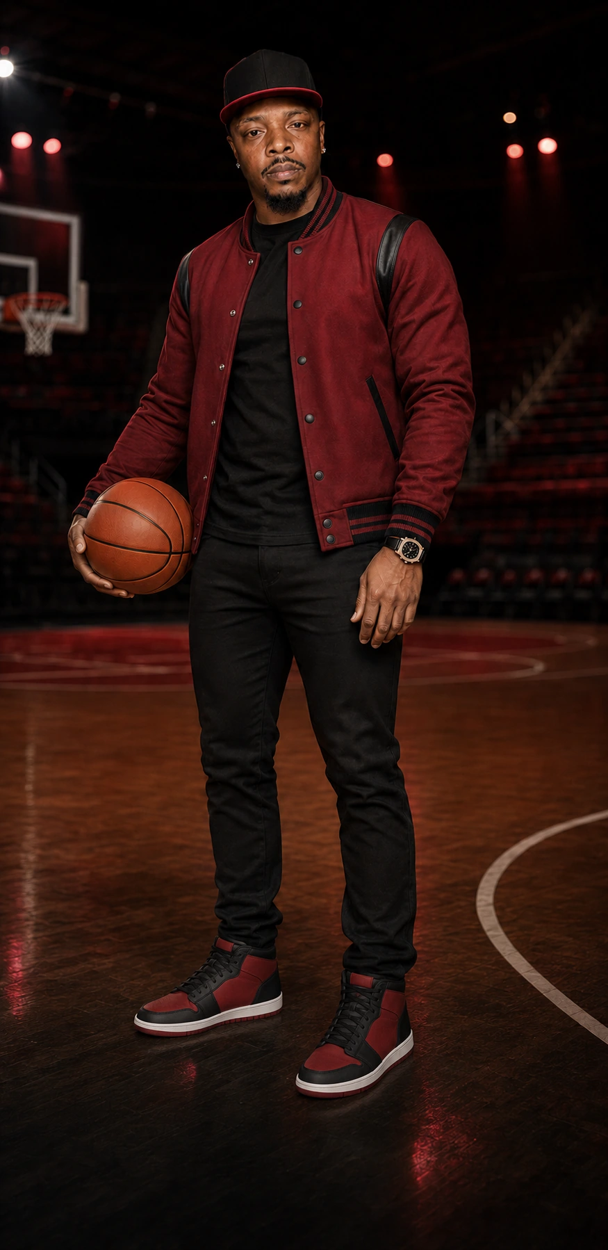 Jai Garrett on a basketball court in a red varsity jacket